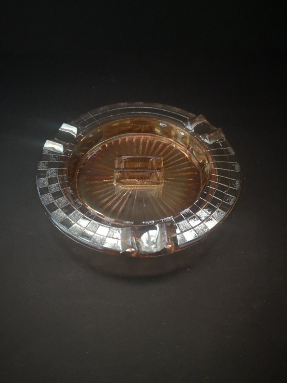 Vintage Hazel-Atlas Marigold Carnival Glass Ashtray & Central Matchbook Holder